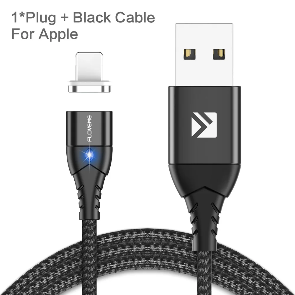 FLOVEME Магнитный кабель Micro usb type C для iPhone Lightning Кабель м 1 м 3A Быстрая зарядка USB-C type-C магнит зарядное устройство кабель для телефона магнитная зарядка магнитный usb кабель провод для зарядки шнур - Цвет: Black For Apple