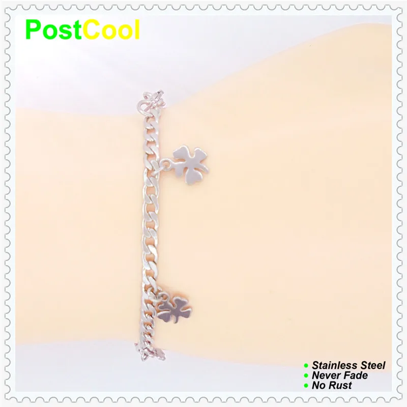 

PostCool Enduring quality 100% Stainless Steel Charm Bracelet Anklets Lovely Clover Design never fade Chain width 4mm DIY DAE