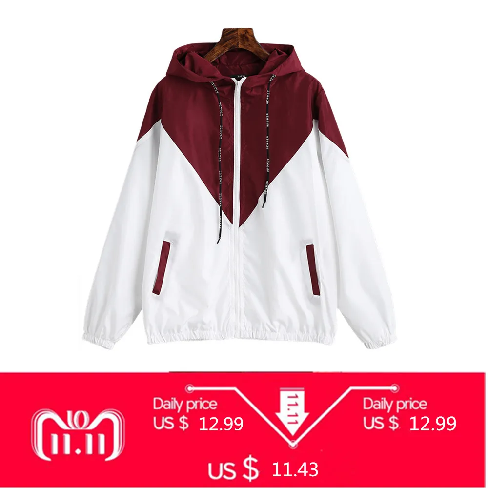 ZAN.STYLE Spring Autumn Fashion Hooded Two Tone Windbreaker Jacket Zipper Pockets Casual Long