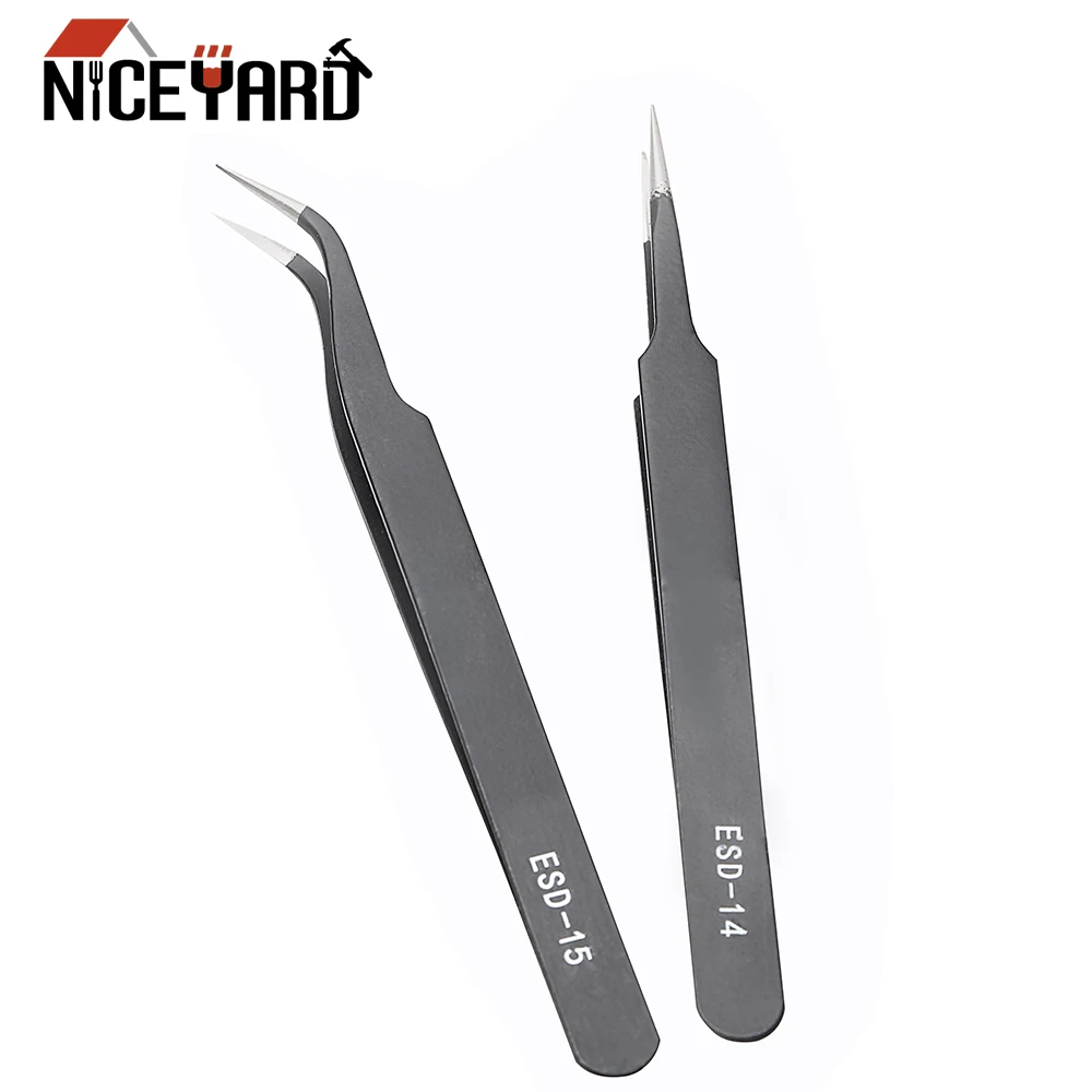 

NICEYARD DIY WORK Black Tweezer Stainless Steel Precision Anti-static Forceps ESD-14 ESD-15 Curved Straight Tip