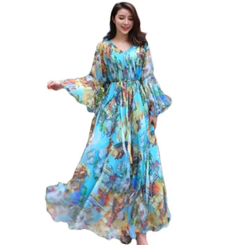

2019 New Summer Dress Women's Plus Size Bohemian Long Dress Fashion Lady's Loose Large Size Pringting Long Dress XL-5Xl J116