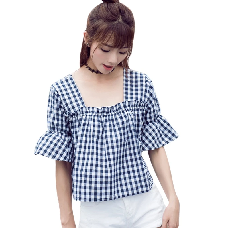 2019 tops y blusas para mujer Simple suelta cuello cuadrado manga corta estampado a cuadros Pullover básica|Blusas y - AliExpress