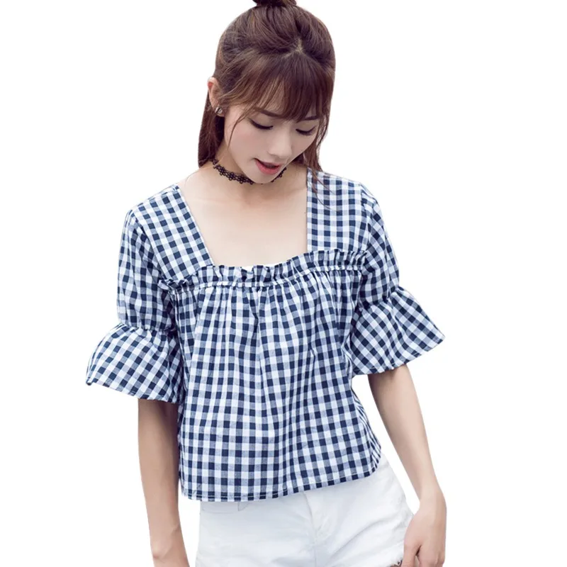 

2019 womens tops and blouses Simple Loose Square Collar Short Sleeve Plaid Print Pullover Basic Blouse