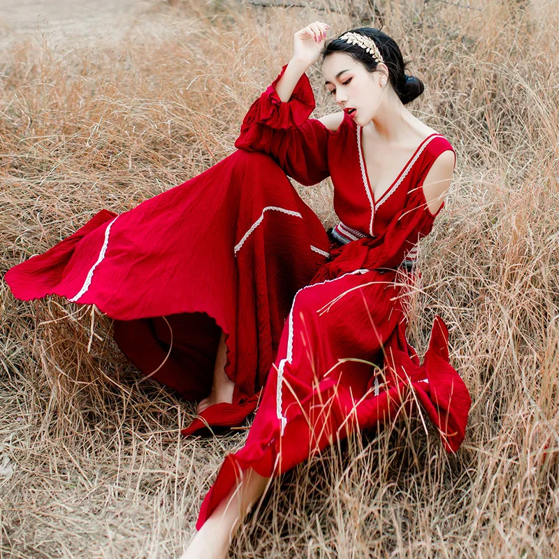 

Summer Women Vintage Elegant Sexy V-neck Chiffon Long Sleeve Holiday Beach Boho Strapless Overalls Jumpsuit Wide Leg Pants