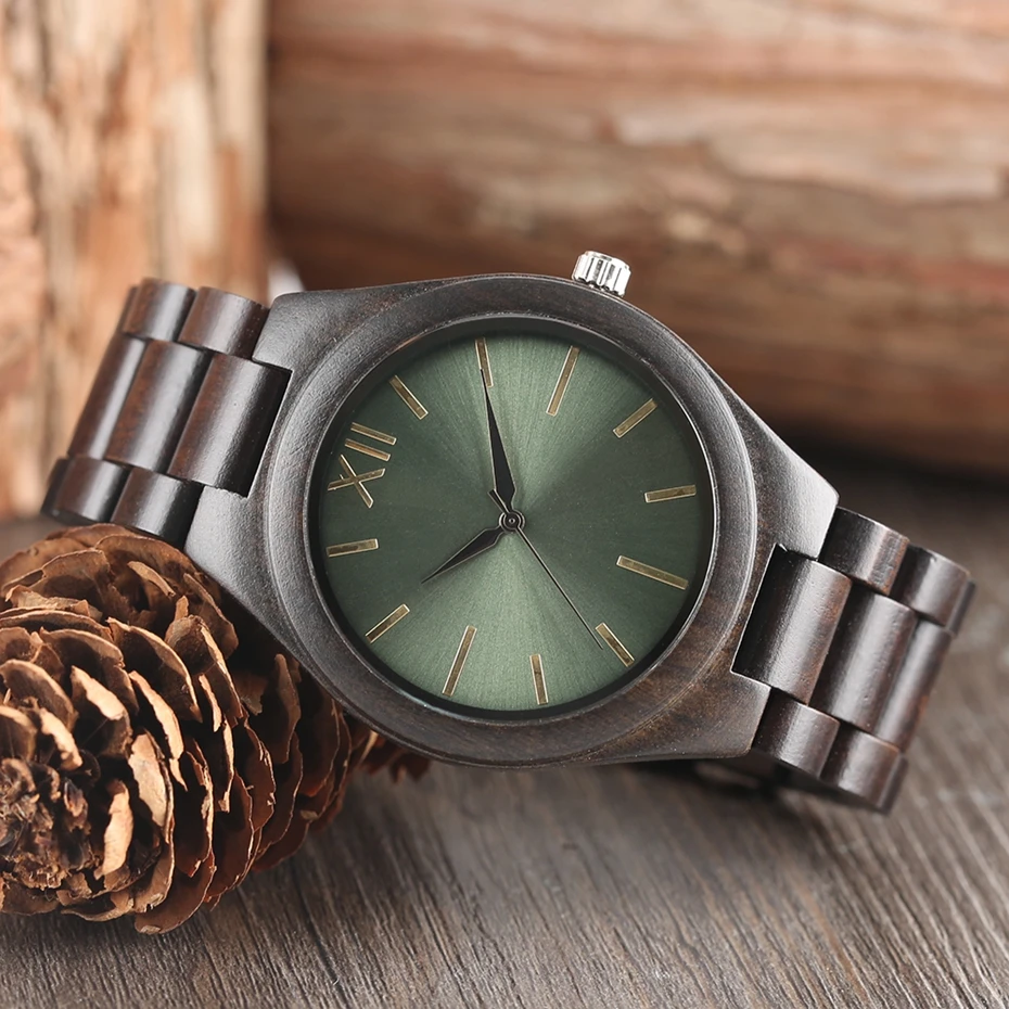 Ebony Full Wooden Watches Creative Light Green Dial Natural Wood Quartz Wrist Watch Mens Bangle Gifts Clock 2017 Reloj de madera 2017 (3)