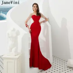 JaneVini 2019 Роскошные красные длинные хрустальные вечерние платья, украшенные бисером Русалка с длинными рукавами Формальные Вечерние платья