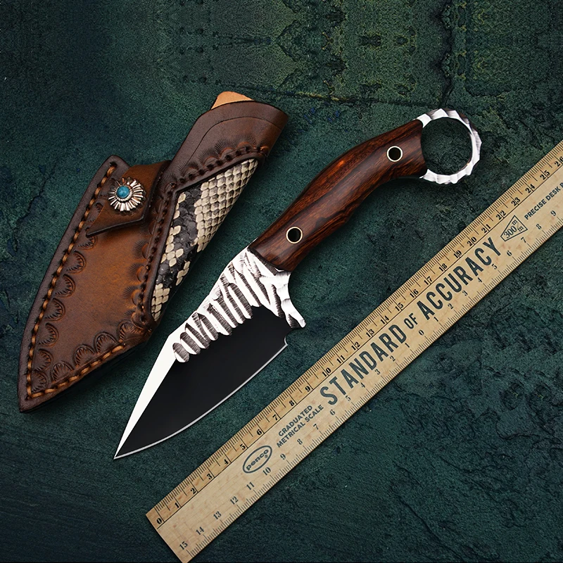

TUREN-12C27N Steel Fixed Blade Knife Full Tang Hunting Knives Handmade Knife Outdoor Survival Tools With Leather Sheath
