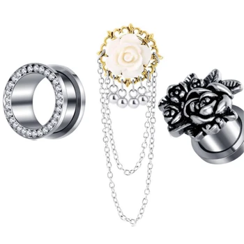 

3Pair/Set Stainless Steel Ear Plugs Tunnels Flesh Expansions Piercing Rose Flowers Women Men Crystal Ears Expanders Body Jewelry
