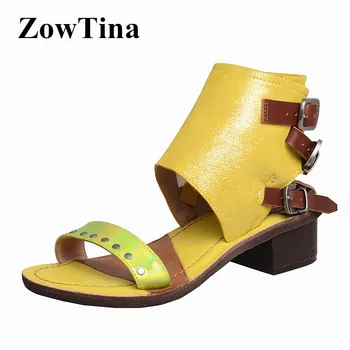 

Yellow Leather Women Casual Sandals Strap Buckle low Heels Ladies Outside Footwear Sandalias Femmes Fashion Studded Zapatillas