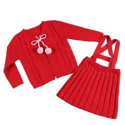 Зимний милый красный комплект одежды для детей возраст 1-6 лет для маленьких девочек одежда «снова в школу» свитер + юбка Комплекты из 2