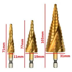Титан шаг конуса сверло 3 шт. 4-12/20/32 мм HSS Спиральная рифленые центр сверла бит твердосплавные мини-дрель аксессуары