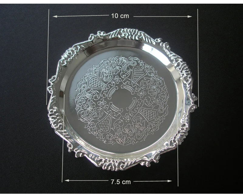 10 см редкий цинковый сплав металлическая круглая кофейная/чайная подставка для чашки десертная тарелка блюдо коврик посуда Гравировка тисненое Серебро Золото 339