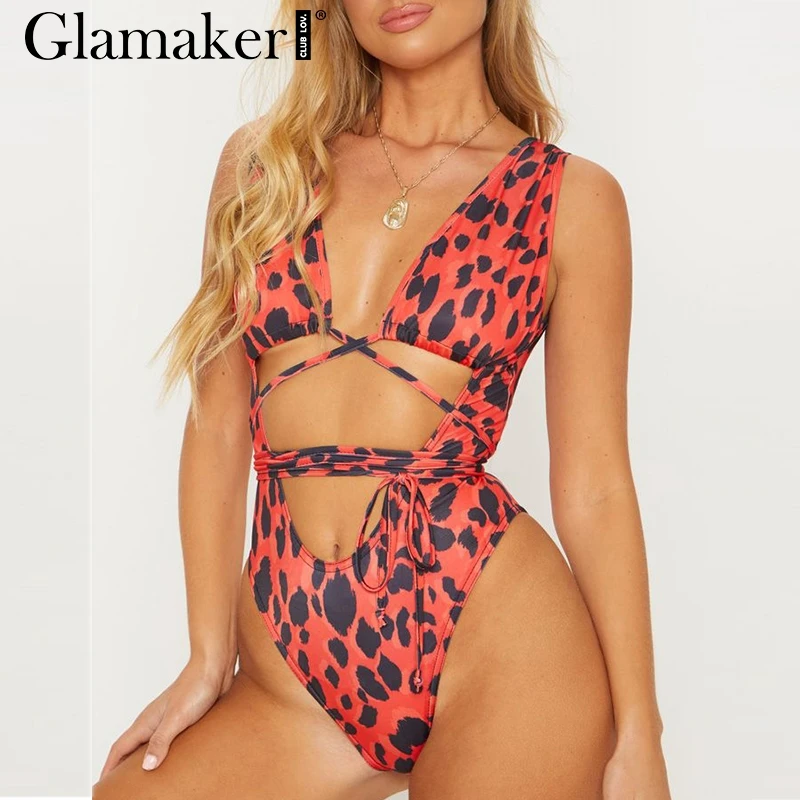 Glamaker ليوبارد طباعة واحدة قطعة الدعاوى ارتداءها ضمادة مثير رفع ارتداءها الصيف النساء سلسلة عالية قطع ثوب السباحة ارتداءها