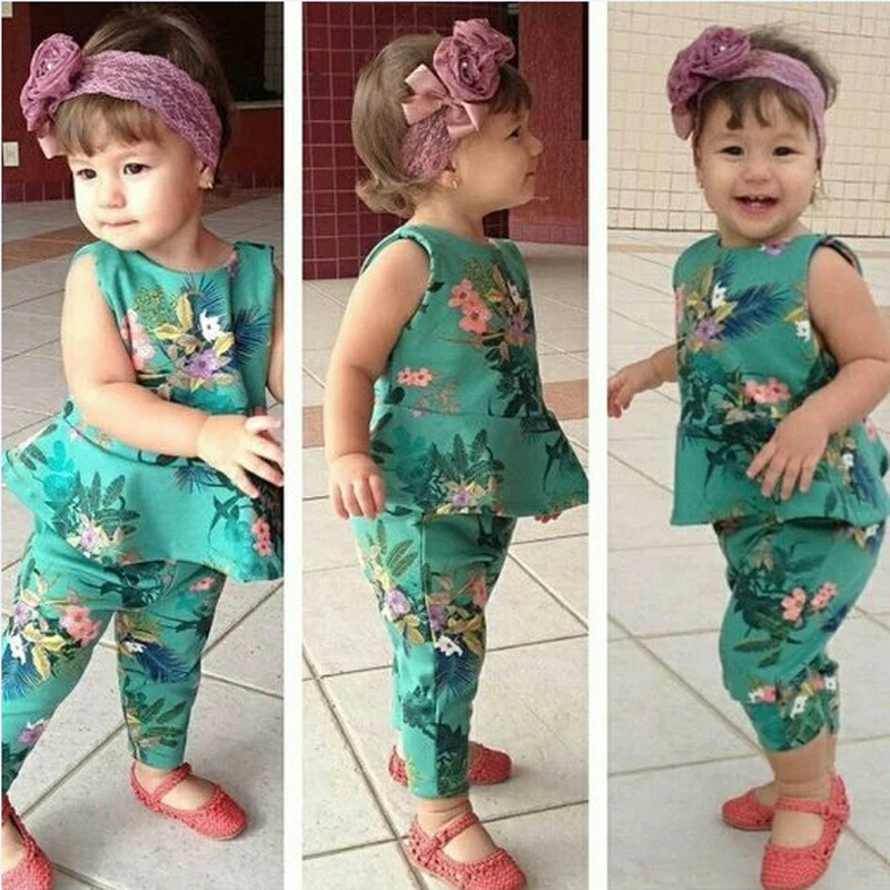 

Summer Girls Clothes 2018 New Casual Children Clothing Sets Sleeveless Floral Tops with Pants Kids Suit for Girls 1-5 Years