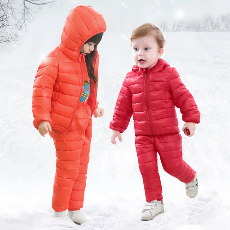 

Children Winter Clothes Sets 2 Pieces Cotton-Padded Hooded Jacket+Pants Baby Boys Girls Warm Parkas Solid Coat Kids Sets