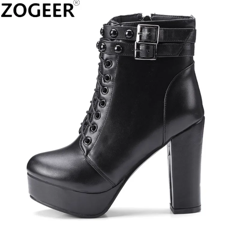 

Plus size 48 New 2018 Fashion Women Ankle Boots High Heels Platform Motorcycle Boots Fashion Rivet PU leather Shoes Woman Black