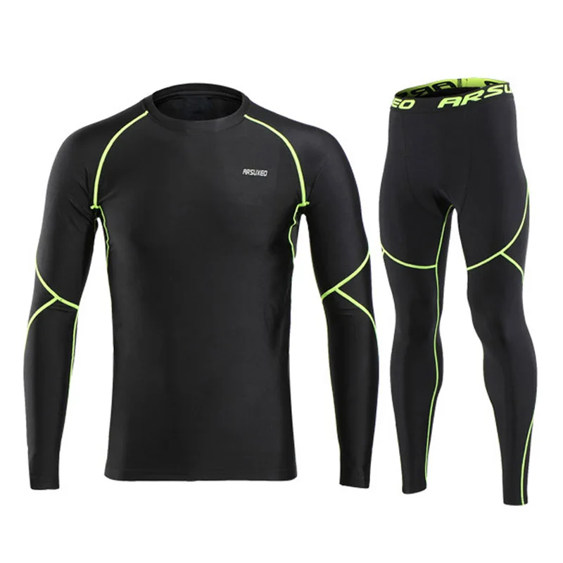 Дышащий комплект для бега, плотно облегающие, баскетбольные, спортивные, для мужчин, для тренировок, фитнеса, с длинными рукавами, рубашка, штаны для мужчин - Цвет: Black Green Set