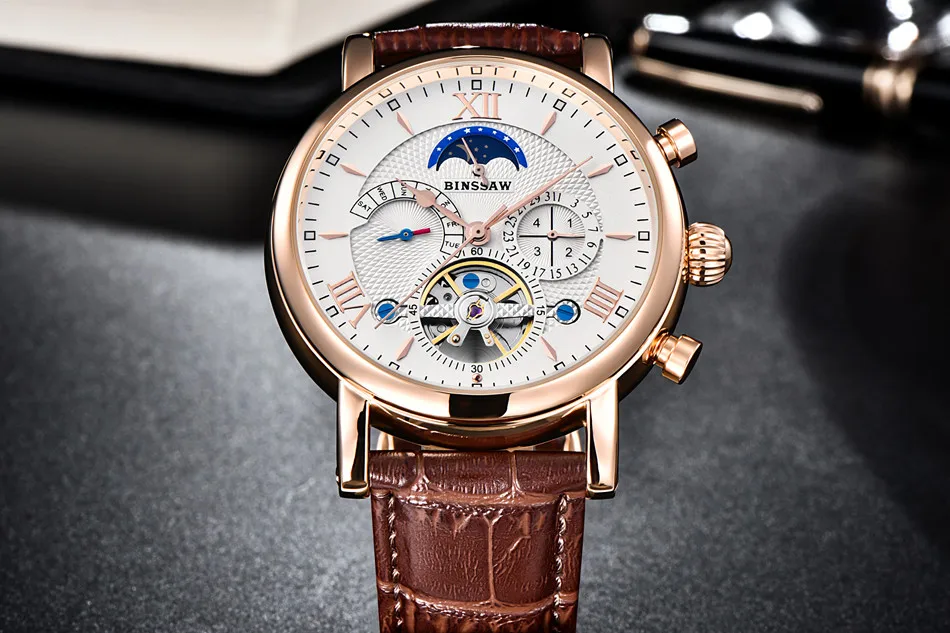BINSSAW Reloj Мужские механические часы Автоматические турбийон бизнес кожа Montre Homme Moon Phase спортивные часы Zegarek Meski