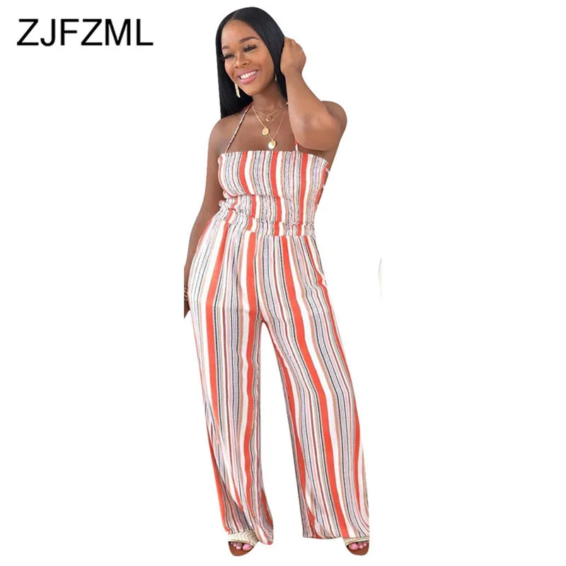 

Colorful Stripe Rompers Womens Jumpsuit Off The Shoulder Backless Wide Leg Overall Summer Halter Sleeveless Full Length Bodysuit