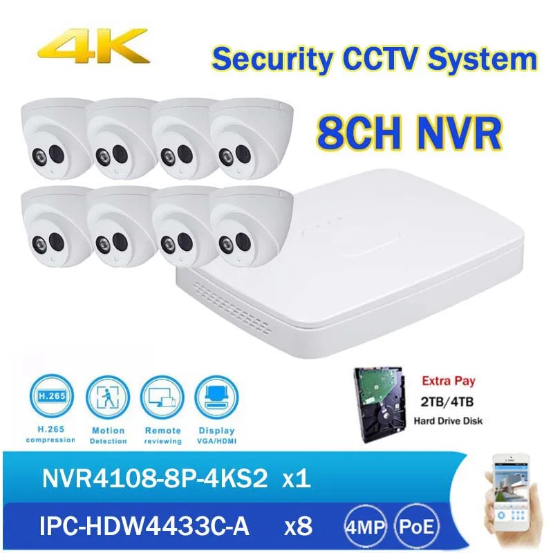 

Original DH 4K NVR Kit 4MP POE IP Camera IPC-HDW4433C-A built in Mic with H.265 8CH PoE NVR NVR4108-8P-4KS2 Security CCTV Kit
