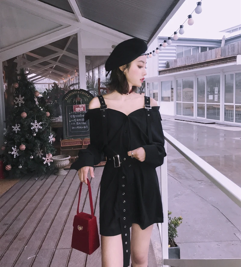 

Summer Vintage Hard Black Suspenders Dress Female Harajuku Gothic New Arrival Off Shoulder Sexy Shirt Dress Punk Style Dresses