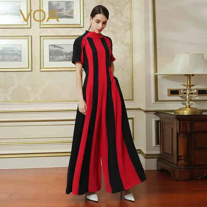 VOA плюс Размеры 5XL тяжелый Шелковый комбинезон красные, черные вертикальные полосы хит Цвет Для женщин тонкий широкую ногу комбинезон
