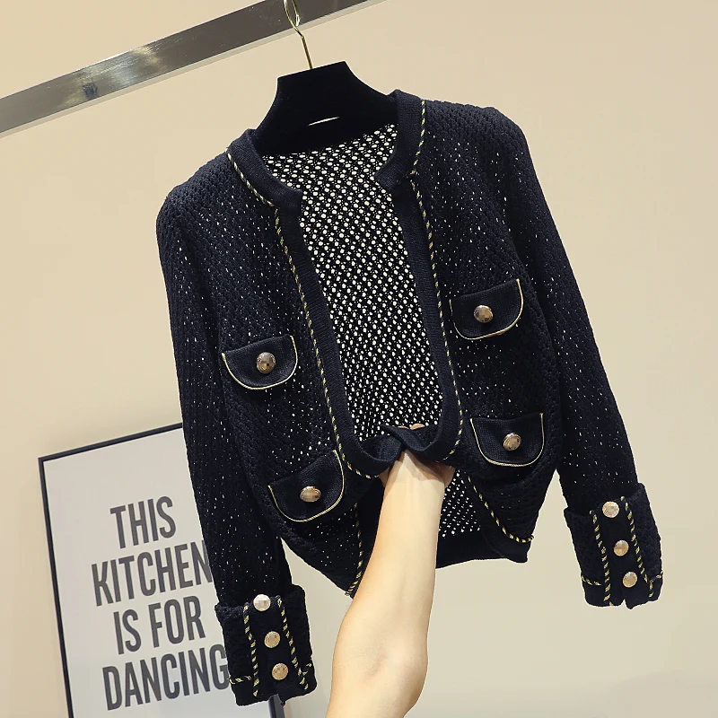 

New Fashion Spring and Autumn Women Long Sleeve Knitted Cardigans Female Students All-match Hollowed Out Knitwear Short Sweaters