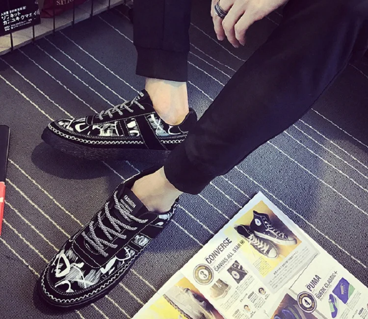 Spring Autumn Man Casual Shoes Canvas Breathable Lace Up Fashion Graffiti Hard-Wearing Korean Walking Flat Shoes Man Sewing (4)