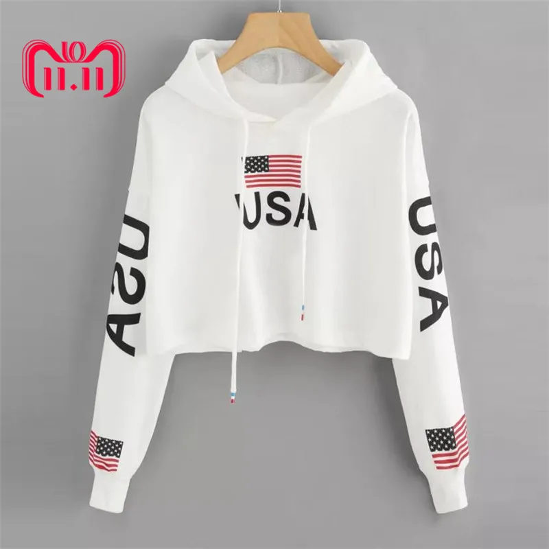 

Feitong Women Casual Crop Top Hoodies Sweatshirt Drop Shoulder American Flag Print Hooded Tops Sweatshirts sudaderas mujer 2019