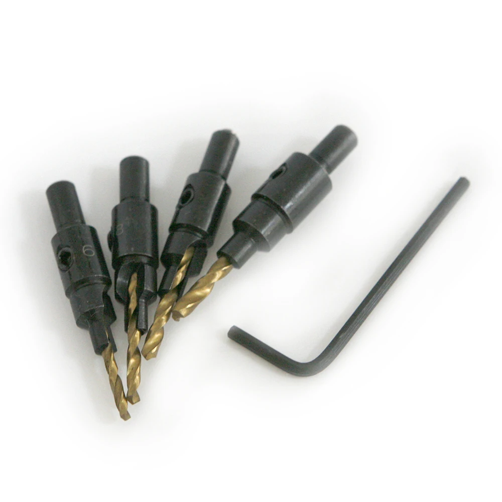 

4pcs / set Hole Saw Woodworking Tools + Small wrench Quick Change Hex Shank Tapered Titanium Countersink Drill Cone Bit Set