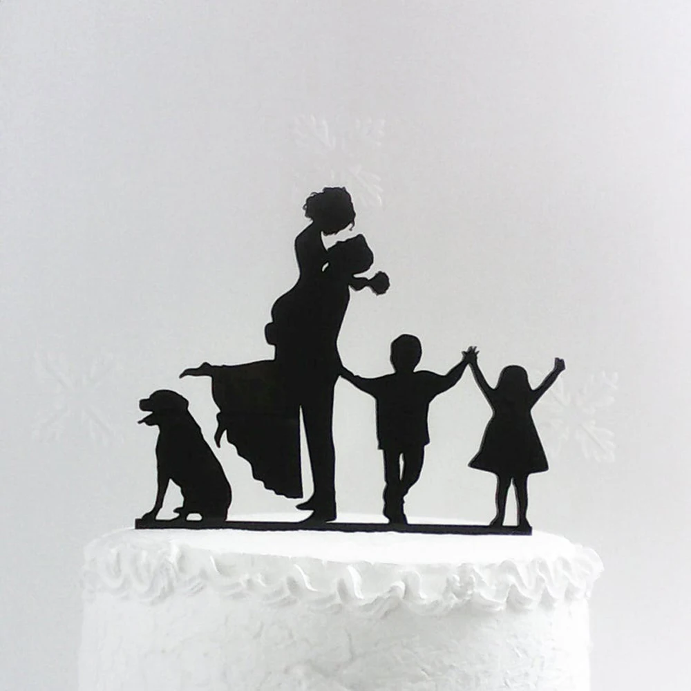 Wedding Family Cake Topper,Couple with little girl and boy and dog Silhouette Cake Topper,Bride and Groom with child Cake Topper (1)