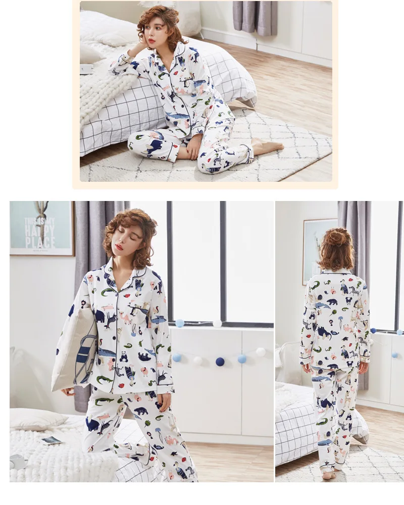 Fdfklak 2018 новый костюм Для женщин с длинным рукавом Печать Пижама Для женщин Демисезонный дамы хлопок комплект одежды для сна Pijama feminino