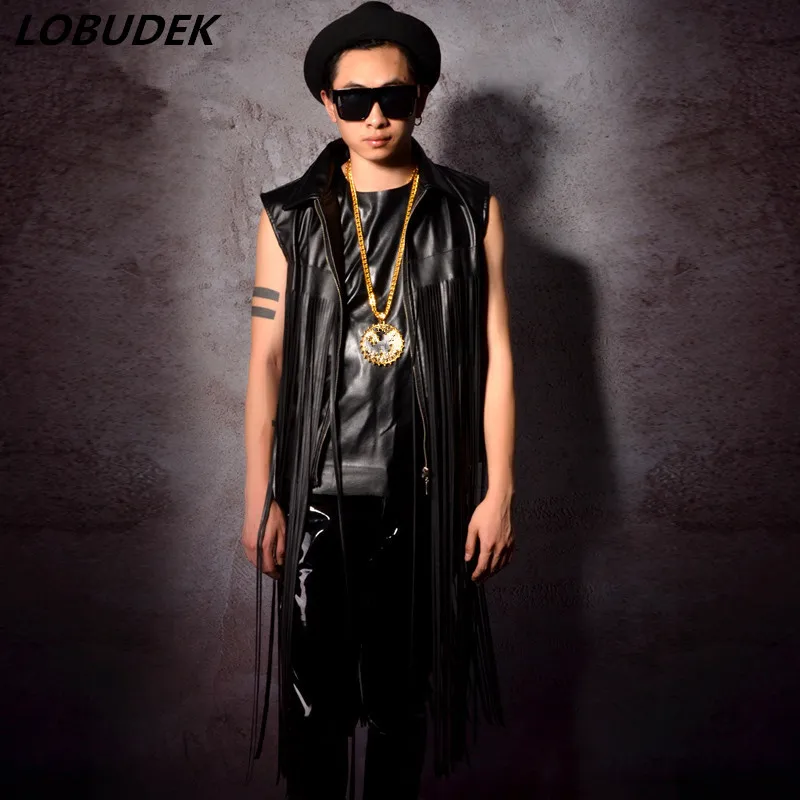 Tide fashion male vest PU leather black tassels vest stage wear men's