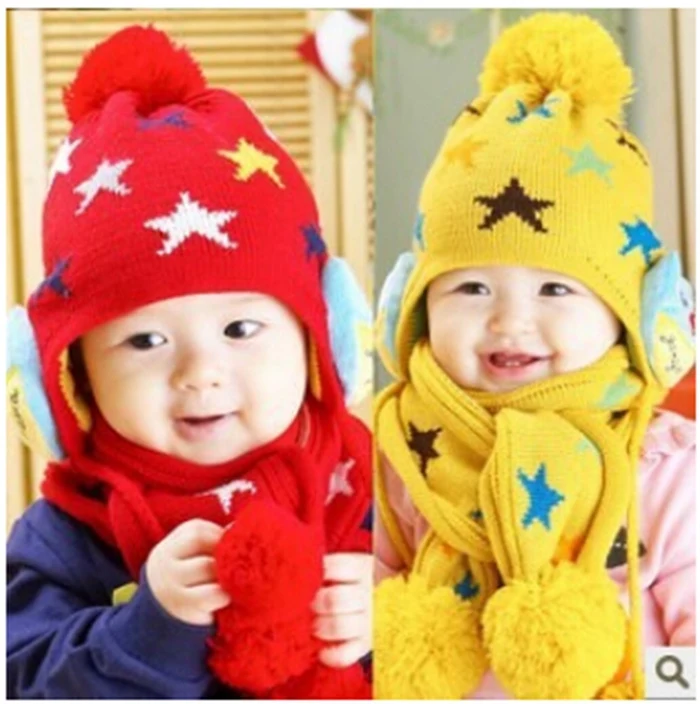 BH40 Kids Boys Girls Crochet Winter Warm Beanie Five Pointed Star Baby Hat Earflap Protection Scarf+Cap 2pc