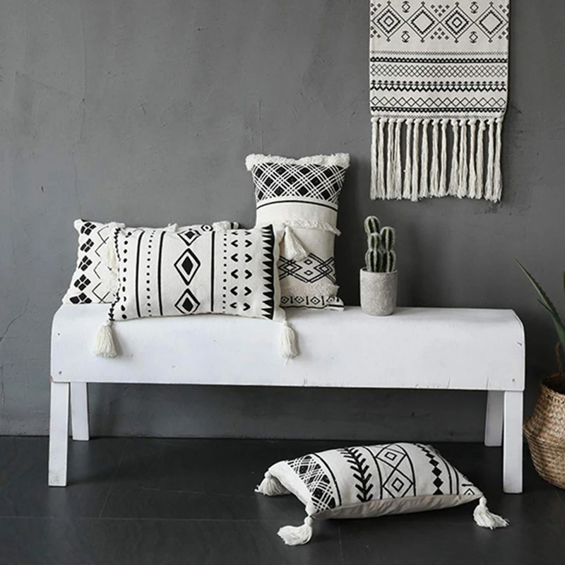 30x50 см, вышитый в марокканском стиле чехол для подушки с кисточками, черно-белый геометрический ворсовый чехол для поясничной подушки, чехол для подушки