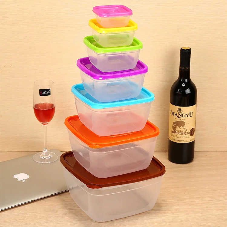 Colorful 7 Pcs/Set Kitchen Crisper Square Plastic Storage Box Food Storage Organizerstorage