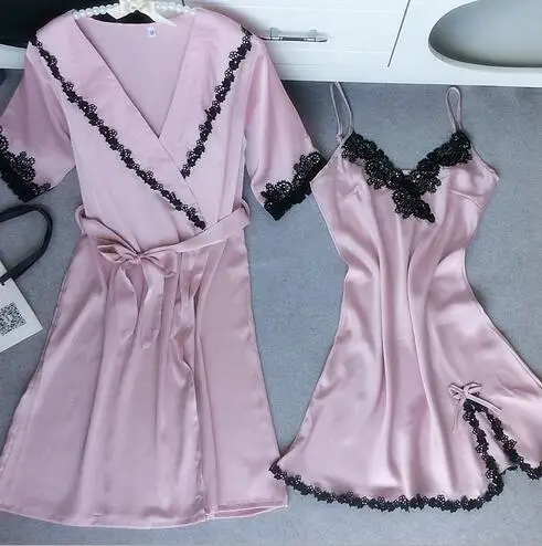 Новое поступление, сексуальный женский халат, Мини Ночная рубашка, Шелковый кружевной халат с коротким рукавом+ ночная рубашка, комплект из двух предметов - Цвет: pink set