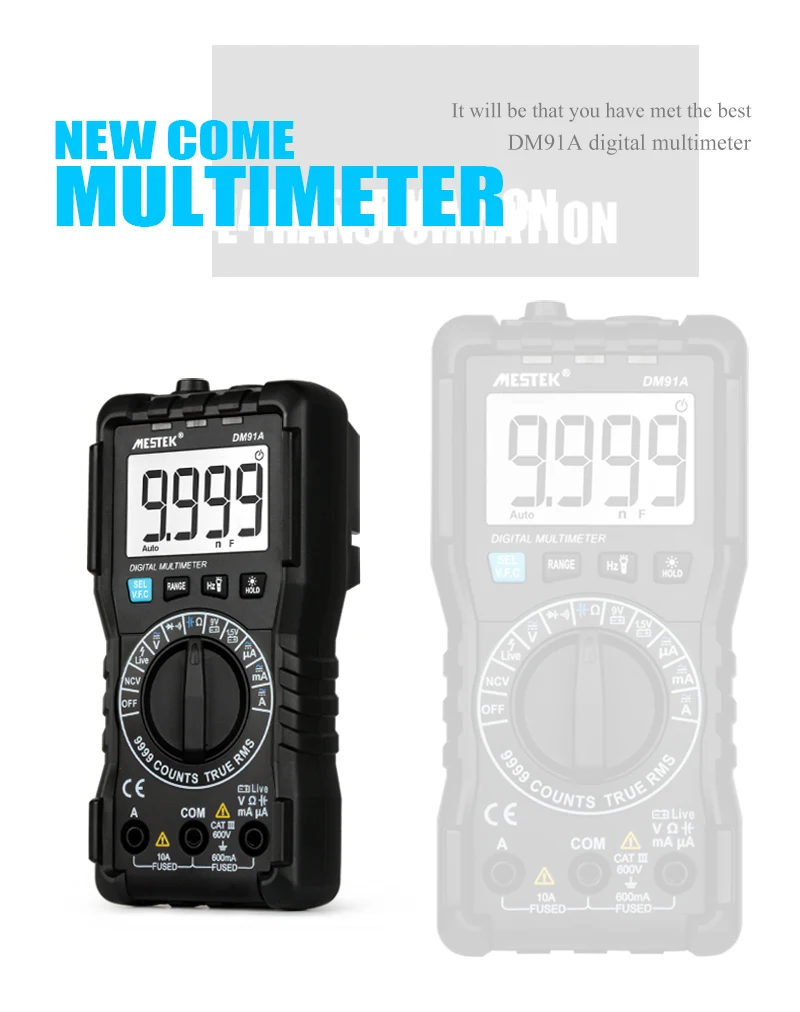 MESTEK Мини цифровой Multimeter9999 отсчетов True RMS Авто Диапазон AC/DC Вольт Ампер мультиметр непрерывность Емкость тестер DM91A