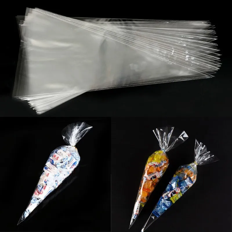 

50pcs 18x37cm Sweet Candy Cone Storage Bags DIY Wedding Birthday Party Cellophane Clear Party Decor Easter Decoration