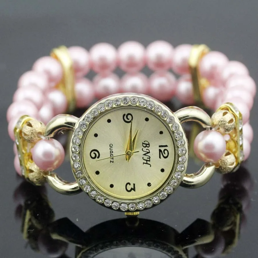 Shsby новые женские Стразы Кварцевые аналоговые наручные часы-браслет дамские нарядные часы с Разноцветный жемчуг - Цвет: light  pink