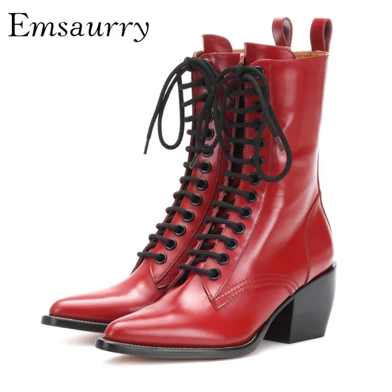 

Geniune Leather Motorcycle Boots Cross Tied Point Toe Square Heel Punk Style Martin Boots Runway Short Boots Women