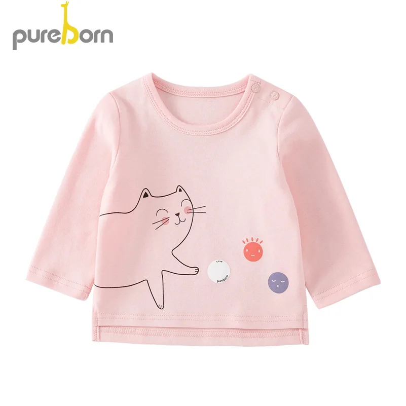 Pink rabbit Pureborn/Одежда для новорожденных детей; одежда для маленьких мальчиков и девочек; Повседневная футболка с длинными рукавами и рисунком; блузка; повседневная одежда - Цвет: Pink rabbit