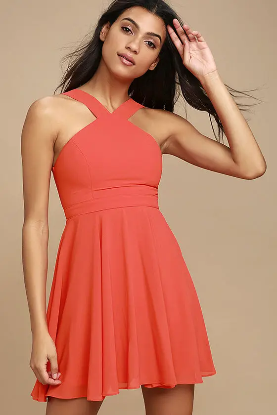 Новое сексуальное короткое Повседневное платье с v-образным вырезом и открытой спиной, женское летнее платье без рукавов, элегантное пляжное мини-платье фигуристки - Цвет: Оранжевый