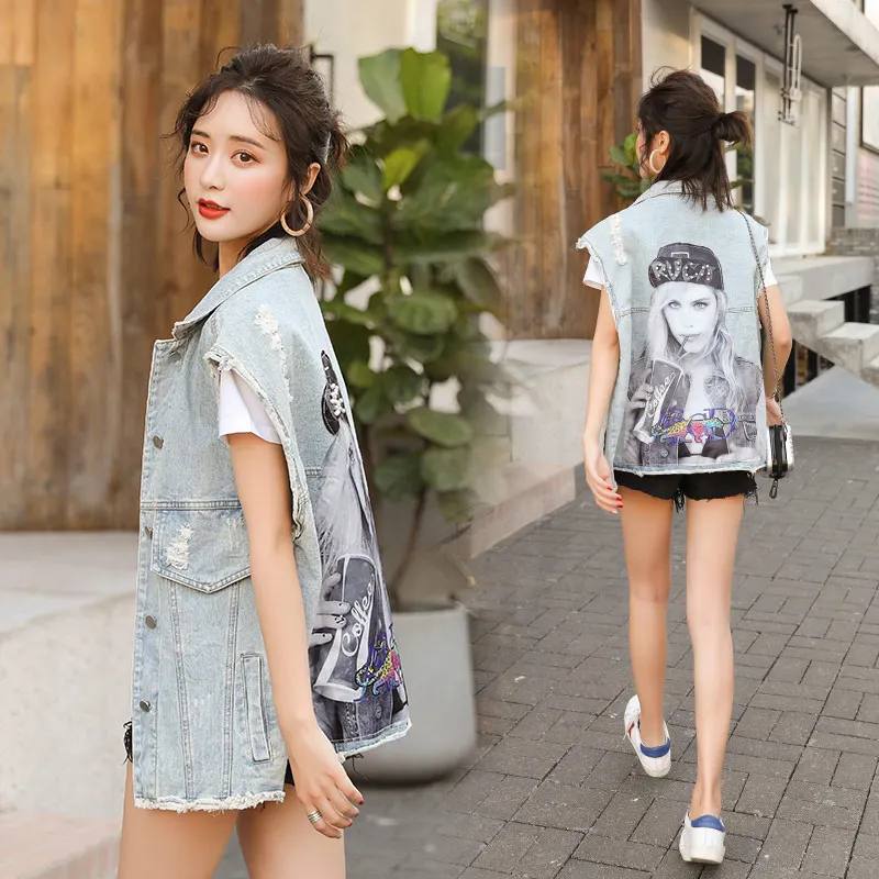 

Summer and Autumn Denim Vest Women BF Style Loose Jean Vest with Girl Pattern Drinking Cola Sleeveless 3XL Plue Size