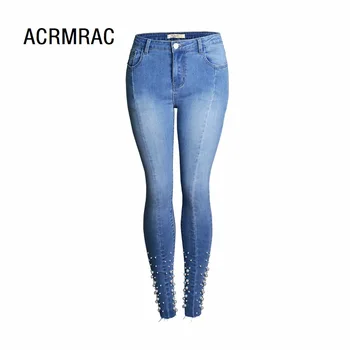 

Woman jeans Slim spring Autumn jeans Mid waist Embroidered Flares elastic force Pencil pants Skinny jeans Woman AM111