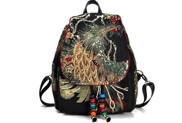 Винтажный женский рюкзак с вышивкой павлина феникса и пайетками, национальные богемные бусы, школьная сумка на плечо для женщин - Цвет: Черный