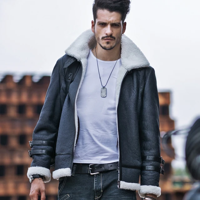Mens New Style Shearling Sheepskin Coat B3 Bomber Jacket