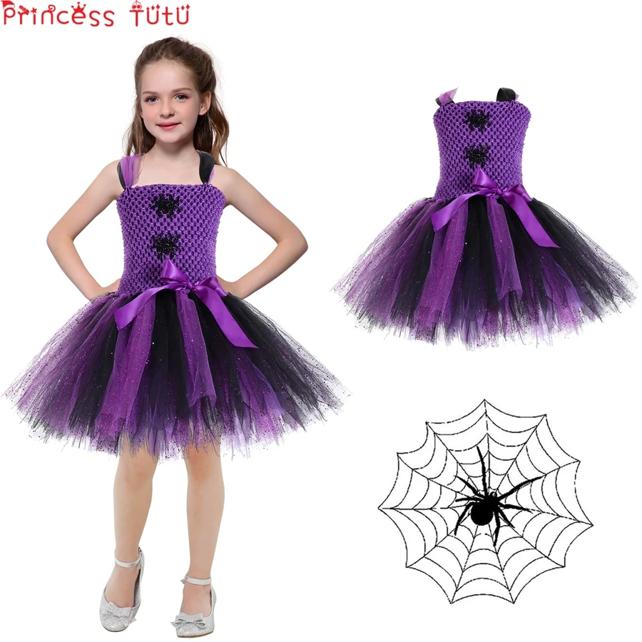 

Halloween Witch Spider Pattern Girl Tutu Dress Black And Purple Devil Baby Girl Birthday Dress New Year Novelty Dress Up