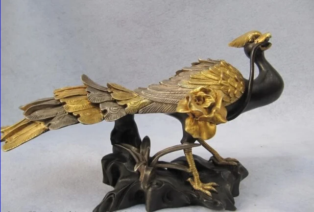 

Elegant old S0494 Regius Pure Bronze silver-gilt and 24K Gold lucky hold flower peacock peafowl statue (A0322) A0403