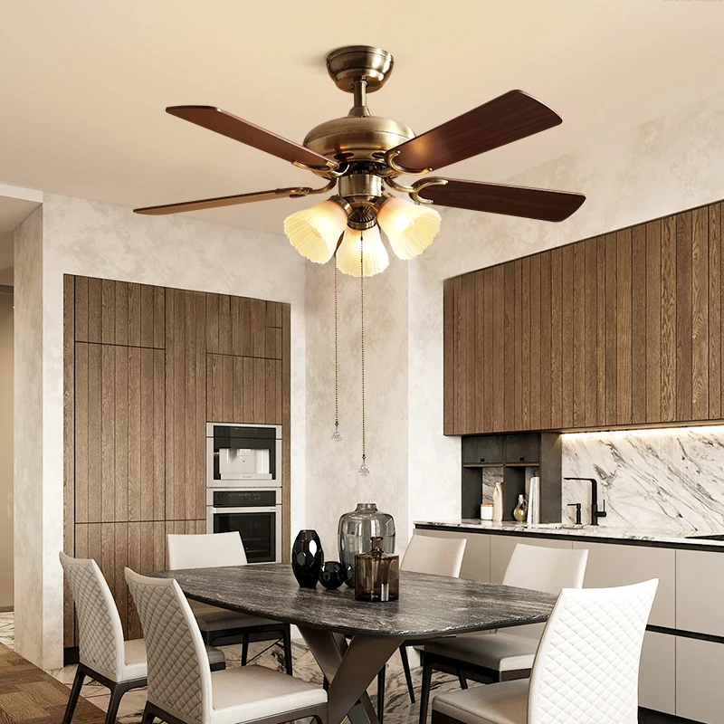 

American-style Ceiling Fan Light Simple Wooden Leaf Antique Retro Pendant Light Living Room Bedroom Decorative Fan Lighting